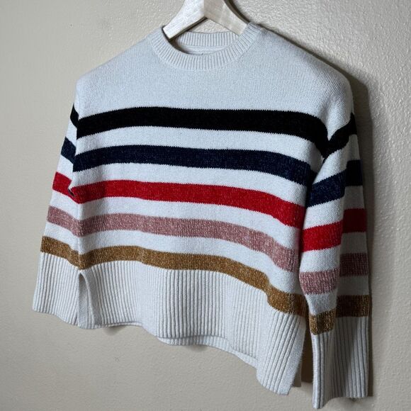 GAP Sweater Kids Medium White Striped Crewneck Soft Stretchy Pullover - Picture 2 of 7